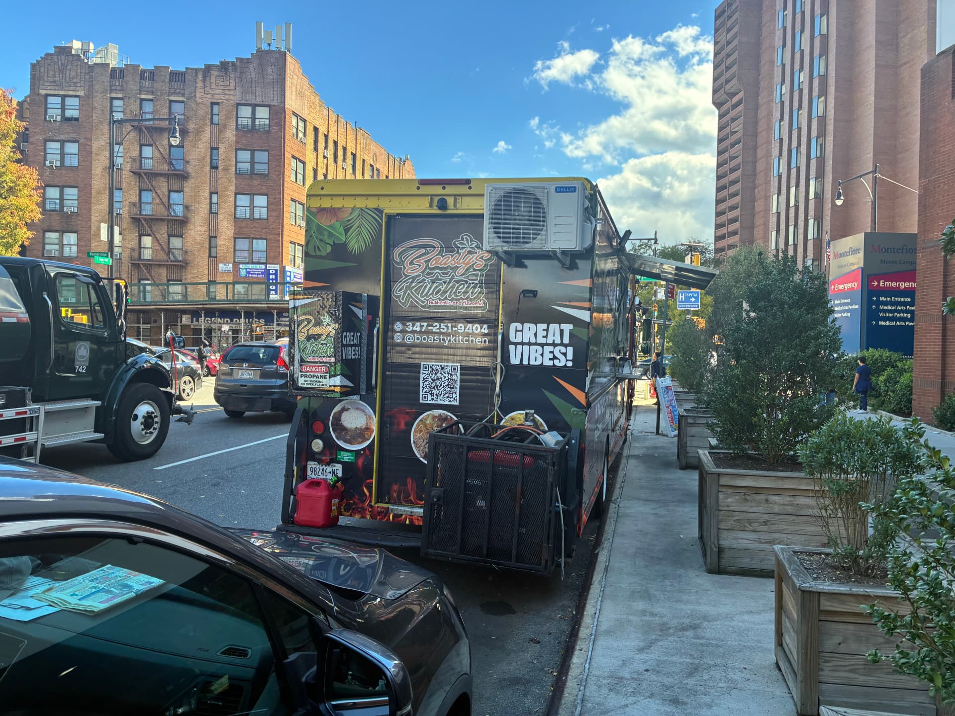 Back of the Boasty’s Kitchen truck, parked next to Montefiore Hospital